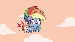 Size: 1920x1080 | Tagged: safe, derpibooru import, screencap, rainbow dash, pegasus, pony, my little pony: pony life, the fluttershy effect, spoiler:pony life s01e08, cloud, emanata, female, flying, image, looking back, mare, png, solo