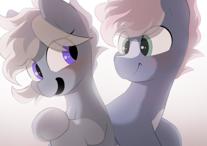 Size: 2064x1457 | Tagged: safe, artist:mochi_nation, derpibooru import, oc, oc:silver bolt, oc:water socks, unofficial characters only, earth pony, pony, blushing, duo, female, image, jpeg, male, mare, stallion