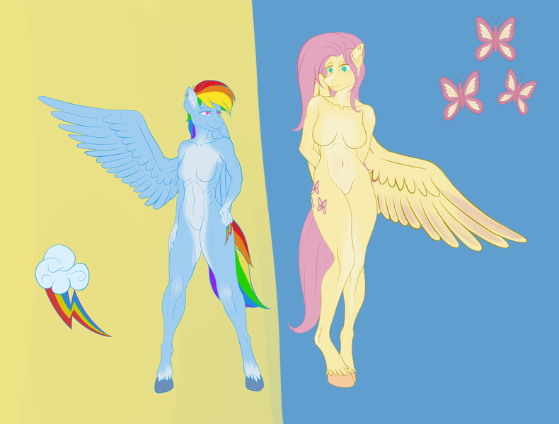 Size: 3952x3000 | Tagged: suggestive, artist:fluffyorbiter, derpibooru import, fluttershy, rainbow dash, anthro, pegasus, unguligrade anthro, abs, arm behind back, barbie doll anatomy, belly button, breasts, featureless breasts, featureless crotch, female, flutterdash, height difference, image, lesbian, looking at each other, one wing out, pale belly, png, shipping, wings