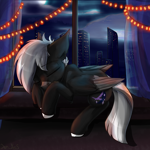 Size: 1594x1594 | Tagged: safe, artist:yuris, derpibooru import, oc, oc:midnight serenity, unofficial characters only, pegasus, pony, city, cityscape, commission, curtains, eyes closed, garland, image, male, night, png, skyscrapers, sleeping, solo, storm, string lights, town, window, windowsill, ych result