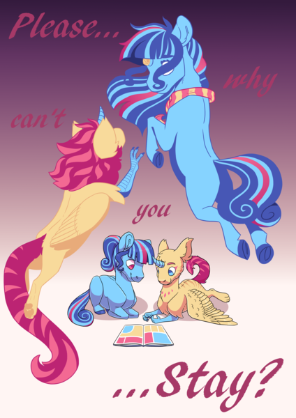 Size: 2480x3508 | Tagged: safe, artist:jackiebloom, derpibooru import, oc, oc:felix genimen, oc:twilight moonstone, unofficial characters only, earth pony, hippogriff, hybrid, pony, comic:...stay?, female, filly, image, interspecies offspring, magical lesbian spawn, offspring, parent:fluttershy, parent:gilda, parents:gildashy, png