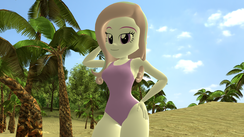 Size: 1920x1080 | Tagged: safe, artist:mr.uberrebu25, derpibooru import, fleur-de-lis, equestria girls, 3d, beach, beach babe, breasts, busty fleur-de-lis, clothes, hand on head, hand on hip, image, leotard, one-piece swimsuit, png, purple swimsuit, solo, swimsuit