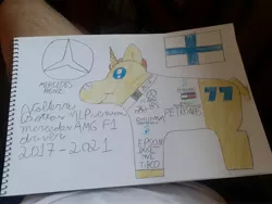 Size: 4128x3096 | Tagged: safe, derpibooru import, colored pencil drawing, finland, flying finn, formula 1, image, jpeg, mercedes amg, mercedes-benz, photo, solo, traditional art, valtteri bottas