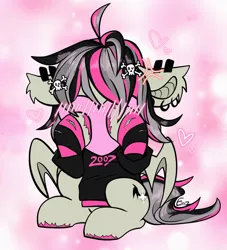 Size: 2000x2200 | Tagged: safe, artist:etoz, derpibooru import, oc, oc:gravel shine, unofficial characters only, bat pony, pony, angry, bat pony oc, bat wings, blushing, chibi, clothes, cute, ear piercing, earring, emo, heart, hiding, hiding face, image, jewelry, male, piercing, png, shirt, sitting, stallion, t-shirt, tsundere, wings