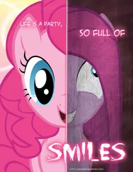 Size: 2158x2780 | Tagged: safe, artist:tehjadeh, derpibooru import, pinkie pie, earth pony, pony, 2011, dual persona, dual personality, image, jpeg, life is a party, pinkamena diane pie, poster, two sided posters