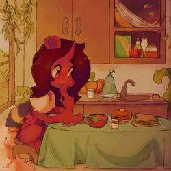 Size: 768x768 | Tagged: safe, artist:zira_dawn, derpibooru import, oc, oc:flechette, unofficial characters only, changeling, insect, moth, mothling, original species, eating, food, image, jpeg, kitchen, red changeling, species swap, table