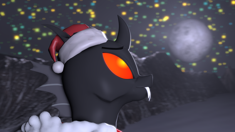 Size: 3840x2160 | Tagged: safe, artist:shifttgc, derpibooru import, oc, oc:shift changeling, unofficial characters only, changeling, 3d, changeling horn, changeling oc, christmas, eyebrows, fangs, hat, holiday, horn, image, moon, png, red changeling, santa hat, solo, source filmmaker, stars