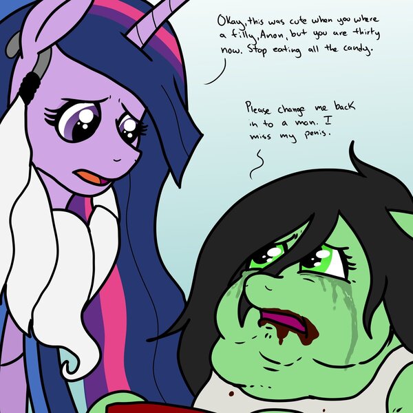 Size: 1200x1200 | Tagged: suggestive, artist:pony quarantine, derpibooru import, twilight sparkle, twilight sparkle (alicorn), oc, oc:anon-mare, alicorn, the last problem, begging, crying, fake beard, fat, gender dysphoria, halloween, holiday, image, jpeg, nightmare night, obese, older, older twilight, princess twilight 2.0