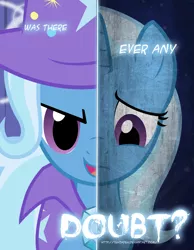 Size: 2158x2780 | Tagged: safe, artist:tehjadeh, derpibooru import, trixie, pony, unicorn, cape, clothes, female, hat, image, mare, png, sad, solo, trixie's cape, trixie's hat, two sided posters