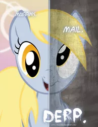 Size: 2158x2780 | Tagged: safe, artist:tehjadeh, derpibooru import, derpy hooves, pegasus, pony, :t, derp, female, food, image, jpeg, mail, muffin, nose wrinkle, open mouth, poster, scrunchy face, smiling, solo, two sided posters