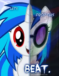 Size: 2158x2780 | Tagged: safe, artist:tehjadeh, derpibooru import, vinyl scratch, pony, unicorn, female, grin, image, jpeg, mare, open mouth, poster, rave, red eyes, smiling, two sided posters, vinyl's glasses, wrong eye color
