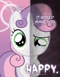 Size: 2158x2780 | Tagged: safe, artist:tehjadeh, derpibooru import, sweetie belle, pony, unicorn, crying, cute, diasweetes, dual persona, female, filly, grin, image, png, sad, smiling, solo, two sided posters