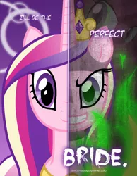 Size: 2158x2780 | Tagged: safe, artist:tehjadeh, derpibooru import, princess cadance, queen chrysalis, alicorn, changeling, pony, burning, crown, disguise, disguised changeling, evil grin, fake cadance, female, grin, image, jewelry, jpeg, mare, poster, regalia, smiling, solo, two sided posters