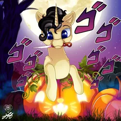 Size: 2000x2000 | Tagged: safe, artist:stainedglasslighthea, derpibooru import, oc, oc:dio, pony, unicorn, commission, cute, foal, halloween, holiday, horn, image, jack-o-lantern, jojo reference, jojo's bizarre adventure, knife, male, menacing, moon, night, nightmare night, png, pumpkin, solo, stallion, tree, ych result, ゴ ゴ ゴ