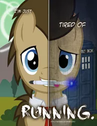 Size: 2158x2780 | Tagged: safe, artist:tehjadeh, derpibooru import, doctor whooves, time turner, earth pony, pony, crossover, doctor who, dual personality, image, jpeg, male, mouth hold, necktie, poster, solo, sonic screwdriver, stallion, tardis, the doctor, two sided posters