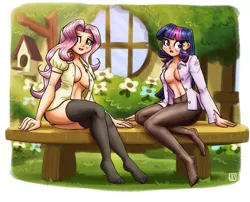 Size: 2650x2143 | Tagged: suggestive, artist:king-kakapo, derpibooru import, part of a set, fluttershy, twilight sparkle, human, bench, blushing, breasts, clothes, duo, duo female, female, fluttershy's cottage, humanized, image, looking at you, open clothes, open shirt, panties, pantyhose, png, shirt, socks, thigh highs, underwear, white underwear, yellow underwear, zettai ryouiki