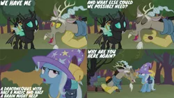 Size: 1280x720 | Tagged: safe, derpibooru import, edit, edited screencap, editor:quoterific, screencap, discord, thorax, trixie, changeling, draconequus, pony, unicorn, season 6, to where and back again, clothes, crossed arms, eyes closed, female, hat, image, jpeg, male, mare, open mouth, open smile, smiling, trixie's hat