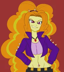 Size: 1089x1240 | Tagged: safe, artist:reiduran, color edit, derpibooru import, edit, adagio dazzle, equestria girls, belly button, bellyring, brown background, colored, female, grin, hand on hip, image, piercing, png, simple background, smiling, smirk, solo