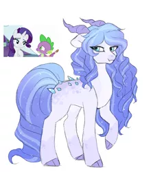 Size: 1280x1437 | Tagged: safe, artist:void-sommar, derpibooru import, rarity, spike, oc, dracony, dragon, hybrid, pony, unicorn, claw hooves, floppy ears, horns, image, interspecies offspring, offspring, parent:rarity, parent:spike, parents:sparity, png, screencap reference, simple background, smiling, white background