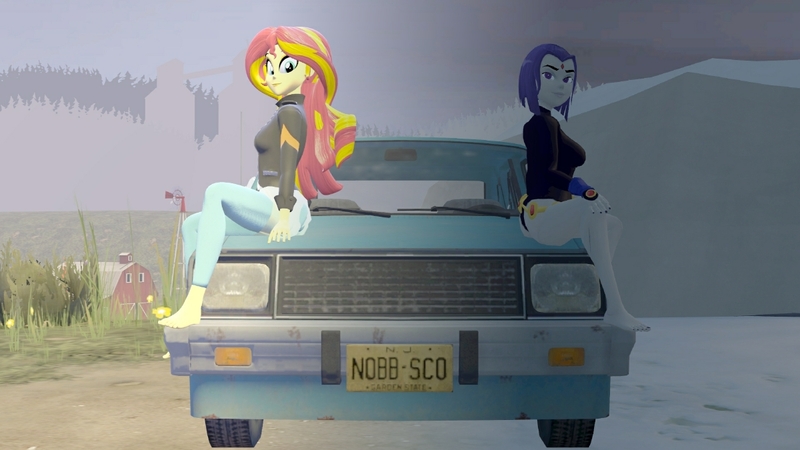 Size: 1200x675 | Tagged: safe, artist:thatradhedgehog, derpibooru import, sunset shimmer, equestria girls, 3d, chevrolet chevette, crossover, image, jpeg, raven (teen titans), shimrav, source filmmaker, summer, teen titans, winter