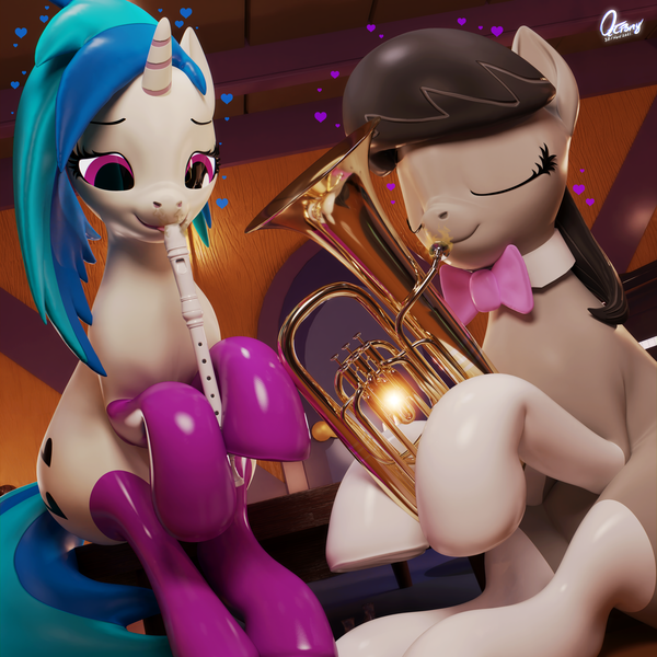 Size: 1920x1920 | Tagged: questionable, artist:quicktimepony, derpibooru import, octavia melody, vinyl scratch, earth pony, pony, unicorn, 3d, anatomically correct, blender, bottle, candle, clothes, explicit description, eyes closed, fart, fart fetish, female, fetish, floating heart, flute, heart, image, lesbian, musical instrument, nudity, olfactophilia, png, potion, relief, signature, size difference, sniffing, socks, table, tail, tuba, vulva