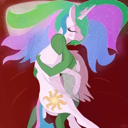 Size: 3000x3000 | Tagged: safe, artist:enonnnymous, derpibooru import, princess celestia, oc, oc:anon, alicorn, human, pony, /sun/, bed, blushing, clothes, cuddling, dock, eyes closed, hug, human on pony snuggling, image, love, lying down, pillow, png, sigh, sleeping, smiling, snuggling, tail, transparent wings, underwear, wing blanket, winghug, wings