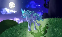 Size: 5000x3000 | Tagged: safe, artist:just-silvushka, derpibooru import, oc, unofficial characters only, pony, unicorn, chest fluff, cloud, female, full moon, glow, glowing horn, horn, image, mare, moon, night, outdoors, png, shooting star, smiling, stars, unicorn oc