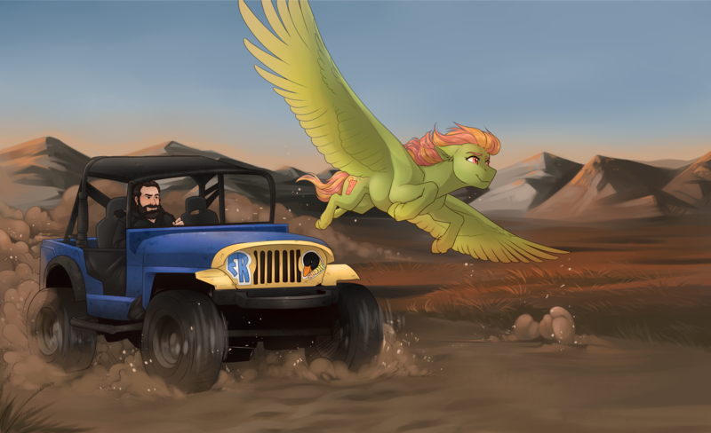 Size: 5808x3544 | Tagged: safe, artist:0naturaldisaster0, derpibooru import, oc, unofficial characters only, human, pegasus, pony, car, clothes, desert, duo, flying, image, mountain, outdoors, pegasus oc, png, wings
