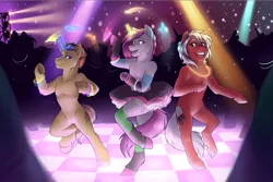 Size: 4092x2726 | Tagged: safe, artist:0naturaldisaster0, derpibooru import, oc, unofficial characters only, anthro, earth pony, semi-anthro, unicorn, dancing, earth pony oc, glow, glowing horn, glowstick, horn, image, indoors, png, smiling, unicorn oc