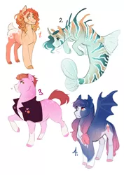 Size: 2893x4092 | Tagged: safe, artist:0naturaldisaster0, derpibooru import, oc, unofficial characters only, bat pony, earth pony, pony, sea pony, bat pony oc, bat wings, earth pony oc, group, image, png, raised hoof, seapony oc, simple background, smiling, white background, wings
