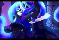 Size: 3700x2500 | Tagged: safe, artist:yumeyuuheii, derpibooru import, nightmare moon, oc, alicorn, pony, baby, baby pony, castle, ethereal mane, female, image, jpeg, mare, night, parent:nightmare moon, smiling, starry mane, stars, story included