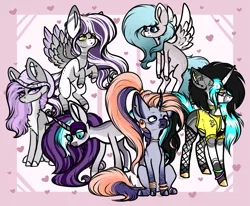 Size: 1433x1183 | Tagged: safe, artist:beamybutt, derpibooru import, oc, unofficial characters only, pony, base used, ear fluff, group, image, magical lesbian spawn, offspring, parent:maud pie, parent:octavia melody, parent:rarity, parent:starlight glimmer, parent:thunderlane, parent:vinyl scratch, parents:maudglimmer, parents:rarilane, parents:scratchtavia, png