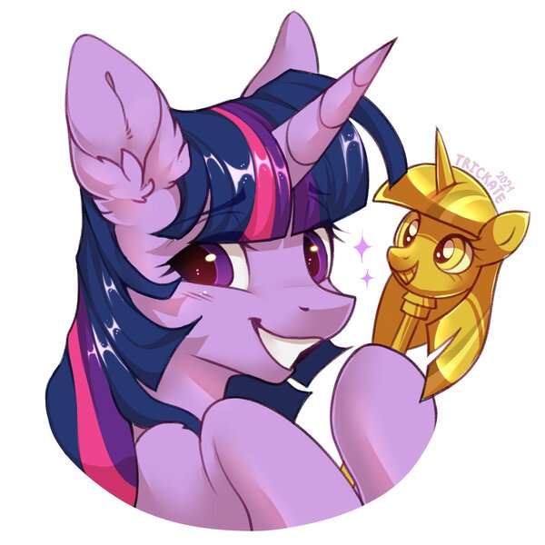 Size: 2000x2000 | Tagged: safe, artist:trickate, derpibooru import, twilight sparkle, bust, horn, image, jpeg, portrait, scepter, simple background, smiling, sparkles, twilight scepter, white background