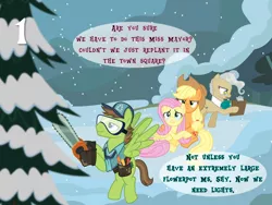 Size: 1032x774 | Tagged: safe, artist:bronybyexception, derpibooru import, applejack, douglas spruce, evergreen, fluttershy, mayor mare, earth pony, pegasus, pony, advent calendar, applejack's hat, chainsaw, cowboy hat, crying, female, flying, hat, image, jpeg, male, mare, stallion, tree