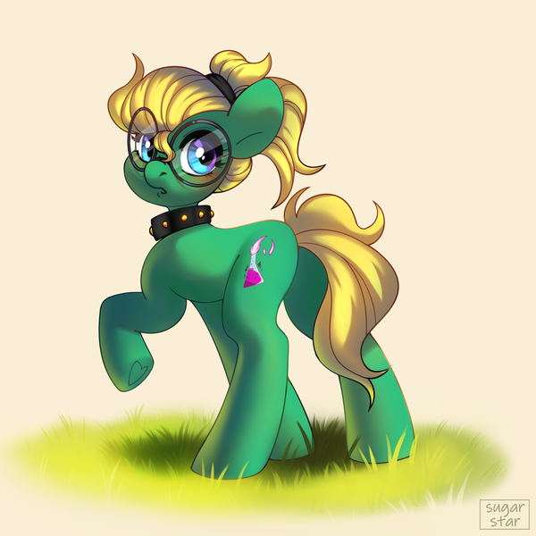 Size: 3000x3000 | Tagged: safe, artist:sugarstar, derpibooru import, oc, oc:professor sugarcube, unofficial characters only, earth pony, pony, collar, glasses, image, looking at you, looking back, looking back at you, png, solo