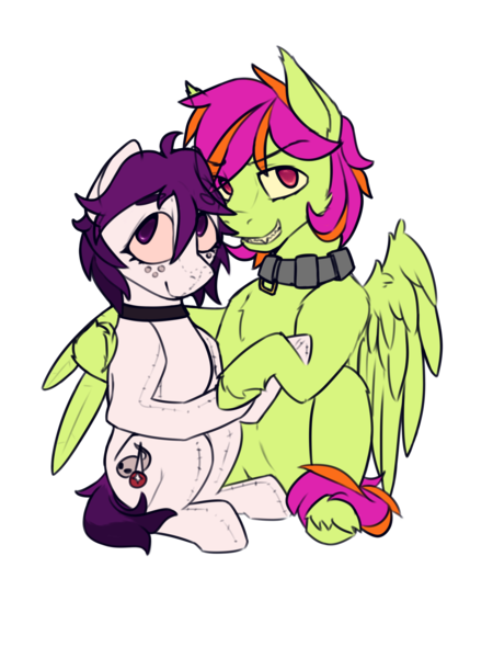 Size: 3000x4000 | Tagged: safe, artist:toanderic, derpibooru import, oc, oc:frame gravity, oc:the doll, unofficial characters only, original species, pegasus, plush pony, pony, derpibooru community collaboration, 2022 community collab, collar, derpibooru exclusive, freckles, grin, high res, hoof hold, hug, hugging a pony, image, looking at you, pegasus oc, plushie, png, simple background, sitting, smiling, stitches, teeth, transparent background, winghug, wings