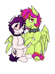 Size: 3000x4000 | Tagged: safe, artist:toanderic, derpibooru import, oc, oc:frame gravity, oc:the doll, unofficial characters only, original species, pegasus, plush pony, pony, derpibooru community collaboration, 2022 community collab, collar, derpibooru exclusive, freckles, grin, high res, hoof hold, hug, hugging a pony, image, looking at you, pegasus oc, plushie, png, simple background, sitting, smiling, stitches, teeth, transparent background, winghug, wings