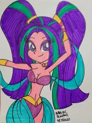 Size: 1024x1366 | Tagged: safe, artist:kova360, derpibooru import, aria blaze, equestria girls, bandeau, belly button, belly dancer, belly dancer outfit, breasts, busty aria blaze, cleavage, image, jpeg, midriff, smiling, solo