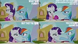 Size: 1280x720 | Tagged: safe, derpibooru import, edit, edited screencap, editor:quoterific, screencap, rainbow dash, rarity, pegasus, pony, unicorn, season 8, the end in friend, spoiler:s08, book, boots, clothes, duo, duo female, female, image, mare, open clothes, png, shoes