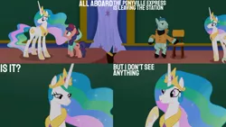 Size: 1280x720 | Tagged: safe, derpibooru import, edit, edited screencap, editor:quoterific, screencap, on stage, princess celestia, raspberry beret, alicorn, earth pony, pony, horse play, season 8, spoiler:s08, :o, chalkboard, crown, female, hoof shoes, image, jewelry, jpeg, male, mare, open mouth, regalia, school of friendship, smiling, stallion