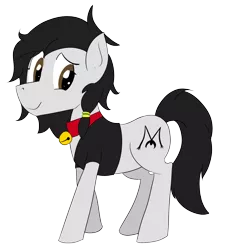 Size: 1568x1704 | Tagged: safe, artist:soccy, derpibooru import, oc, oc:double m, unofficial characters only, earth pony, pony, derpibooru community collaboration, 2022 community collab, bell, bell collar, black mane, black tail, brown eyes, clothes, collar, cutie mark, derpibooru exclusive, earth pony oc, image, jacket, male, png, simple background, solo, solo male, stallion, tail, transparent background, white coat