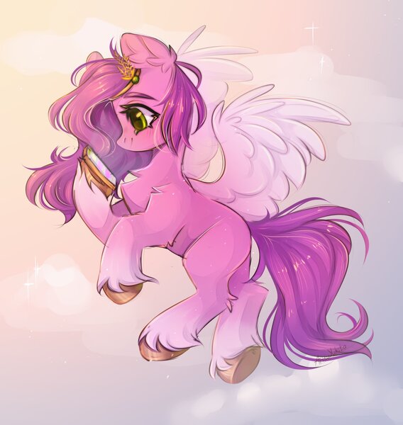 Size: 1652x1744 | Tagged: safe, artist:arisuyukita, derpibooru import, pipp petals, pegasus, pony, my little pony: a new generation, chest fluff, cloud, ear fluff, female, flying, g5, image, jpeg, phone, side view, solo, spread wings, wings