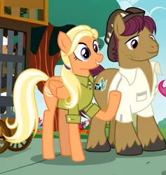 Size: 2048x2163 | Tagged: safe, derpibooru import, screencap, mane allgood, snap shutter, earth pony, pegasus, pony, season 9, the last crusade, spoiler:s09, cropped, female, folded wings, hat, image, jpeg, male, mare, outdoors, purple eyes, scootaloo's parents, shadow, smiling, stallion, standing, tail, tree, two toned mane, two toned tail, unshorn fetlocks, wings