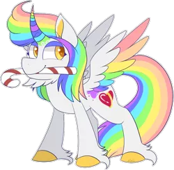 Size: 850x832 | Tagged: safe, artist:jetjetj, derpibooru import, oc, oc:spectrum, alicorn, pony, candy, candy cane, colored wings, food, image, male, mouth hold, multicolored wings, png, simple background, solo, stallion, transparent background, wings