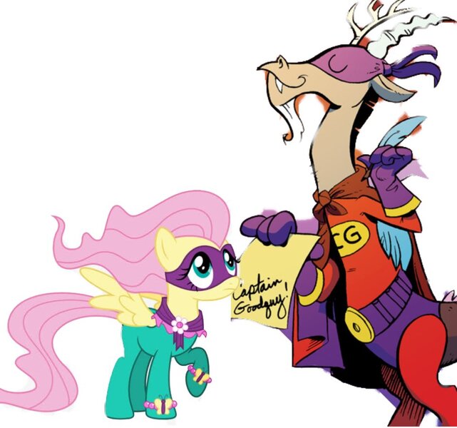 Size: 943x883 | Tagged: safe, artist:11drakezgm, derpibooru import, discord, fluttershy, saddle rager, cape, captain goodguy, clothes, discoshy, female, image, jpeg, male, namesake, power ponies, pun, shipping, straight, superhero, superhero costume, vector, visual pun