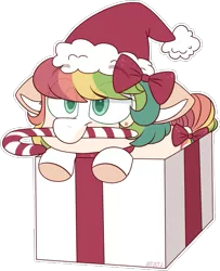 Size: 601x739 | Tagged: safe, artist:jetjetj, derpibooru import, oc, oc:gateau-arc-en-ciel, earth pony, pony, box, candy, candy cane, female, food, image, mare, png, pony in a box, simple background, solo, transparent background