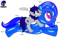 Size: 5877x3717 | Tagged: safe, artist:damlanil, derpibooru import, oc, oc:blue vector, oc:maverick, balloon pony, earth pony, inflatable pony, pony, unicorn, comic, commission, duo, happy, horn, hug, image, inflatable, latex, onomatopoeia, png, rubber, shiny, shiny mane, show accurate, simple background, smiling, text, transparent background, vector
