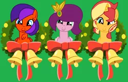 Size: 1356x866 | Tagged: safe, artist:jadeharmony, derpibooru import, pipp petals, sunset shimmer, oc, oc:jade harmony, pegasus, pony, unicorn, bell, christmas, female, g5, green background, holiday, image, looking at you, mare, png, simple background, smiling