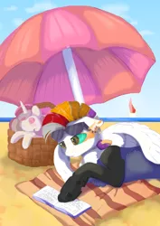 Size: 1000x1414 | Tagged: safe, derpibooru import, princess celestia, oc, oc:myrilith, draconequus, beach, book, image, jpeg, plushie, umbrella, water