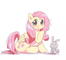 Size: 1100x1000 | Tagged: safe, artist:leo19969525, derpibooru import, angel bunny, fluttershy, pegasus, pony, blushing, duo, female, image, jpeg, looking at you, simple background, sitting, white background